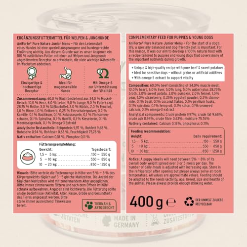 AniForte Hundefutter Nass Junior Rind 6 x 400g – Natürliches Nassfutter für Welpen, Junghunde im Wachstum, hoher Fleischanteil, Premium Welpennassfutter getreidefrei