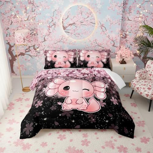 QOOMO Kawaii Axolotl Bedding Set, Pink, Queen Size
