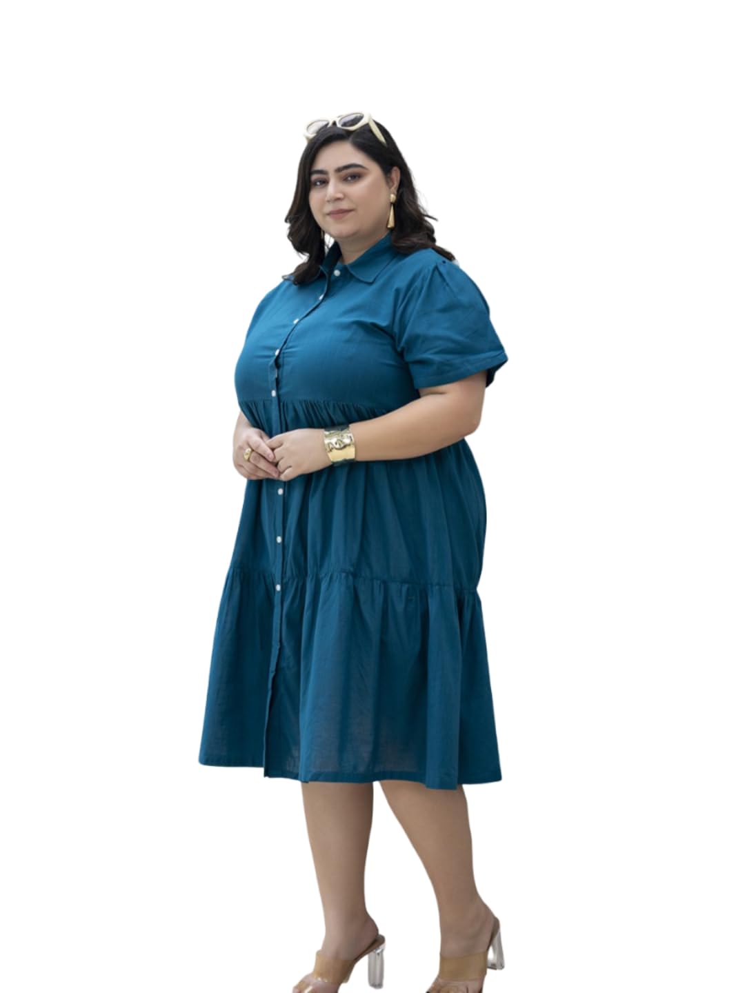 Plus Size Cotton Tiered Dress for Women | Shirt Collar Short Sleeve Button Down Openable Knee Length with Pocket | Casual Wear and Everyday Wear | 3XL to 5XL-picture-10