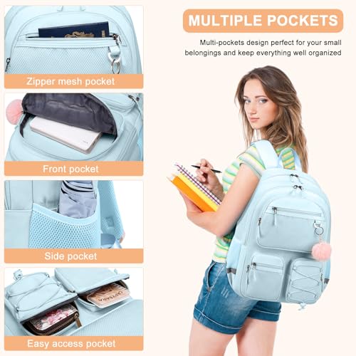 Image of School Backpack for Teen Girls, Cute College Back Pack Women, Kids Backpack | Middle Students School BookBag for Girls, 15.6 Inch Laptop Bag Travel Back Pack, Light Blue