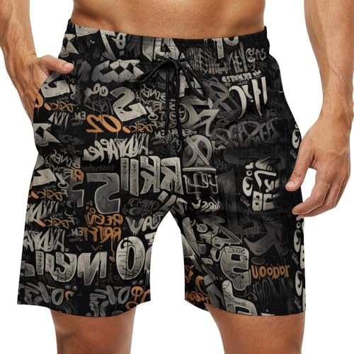 Mens Vintage Graffiti Swim Trunks Swim Shorts Quick Dry Inseam Beach Shorts with Compression Liner and Pocket, Black