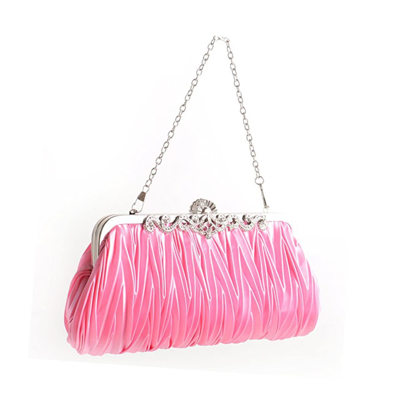 Borsa Pochette Plissettata in Raso Rosa per Cerimonia | Due Catene Rimovibili da 6 e 23 Pollici, da Pochette a Tracolla, per Matrimonio e Serate