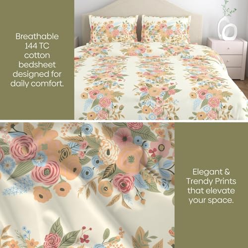 Image of Haus & kinder Double Bedsheet for Queen Size Bed | 90 x 100 Inches 144 TC Cotton Bedsheet for Double Bed with 2 Pillow Covers - Vintage Peony