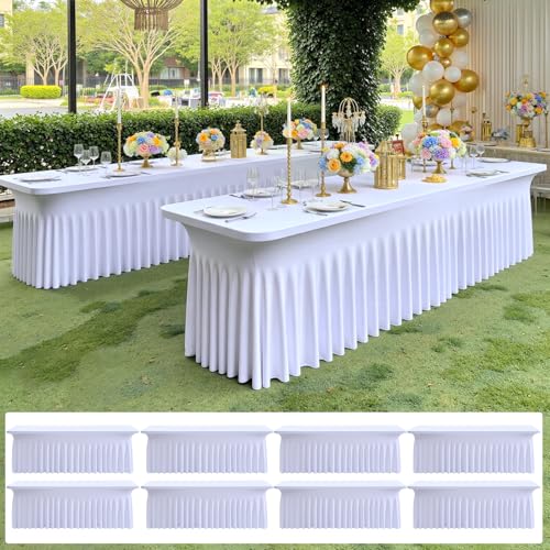 Image of NSSONBEN 8 pk White Spandex Tablecloth 6ft, Wrinkle Free High Stretch Fitted Tablecloths for 6 Foot Rectangle Tables, Elastic Spandex Table Covers 6ft with Pleats Skirt for Party Wedding Banquet
