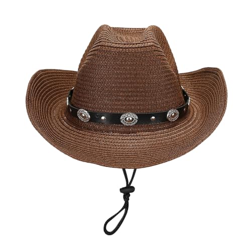 Damen Strohhut Sommer Sonnenhut für den Sommer, Urlaub, Mode, lässiger Stil, mit Umhängeband, Cowboyhut für den Außenbereich Sonnenhut Flexibel (Brown, One Size)