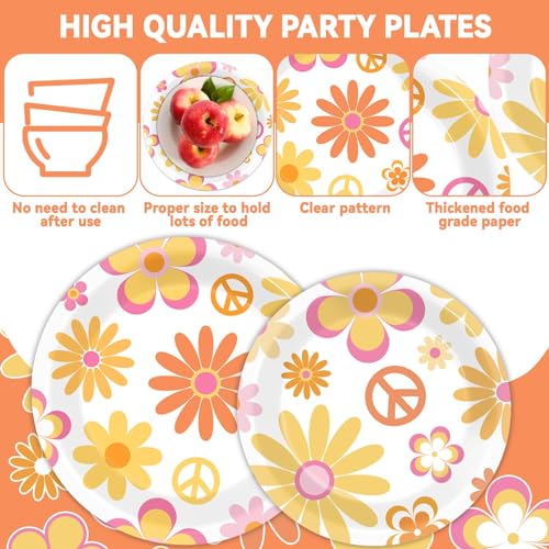 Image of 96 Pcs Groovy Party Supplies for 24 Guests Retro Hippie Boho Tableware Plates Napkins Daisy Flower Birthday Dinnerware Table Decorations Retro Hippie Daisy Party Favor for Kitchen Dinning Home Decor