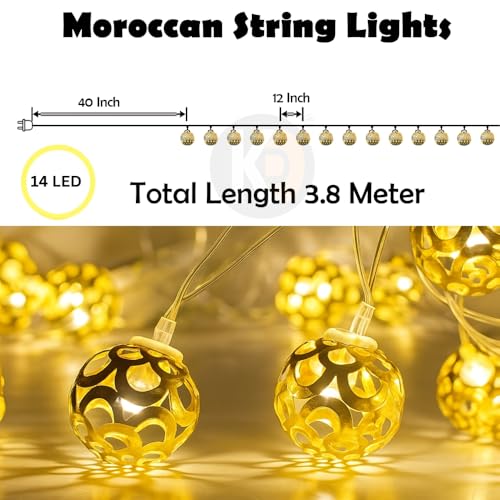 Image of K D Metal Ball String Lights for Decoration -14 LED Ball 3.8 Meter Moroccan LED Fairy Lights, Warm Yellow Decorative Lights for Home, Room, Parties & Festivals