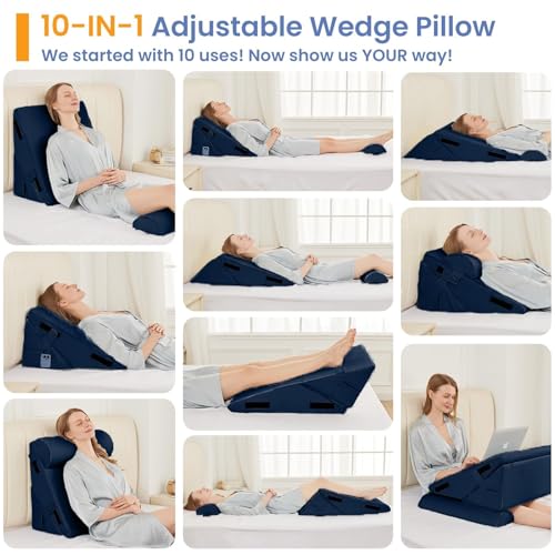 Image of Sasttie Wedge Pillow Set for After Surgery, 2PCS Adjustable Bed Wedge Pillow Headboard with Memory Foam Neck Cushion - for Acid Reflux, Sleeping, Neck & Back Support, Navy
