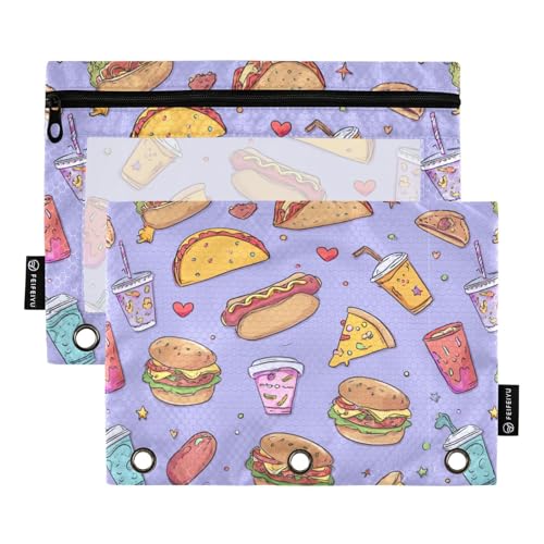 Gredecor Binder Pencil Pouch 3 Ring Fast Food (11) Zipper Pencil Pouches Case 2 Pack Clear Binder Organizer for Kids School Office