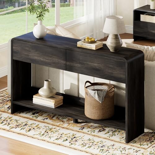 Image of AMERLIFE 55 inch Modern Console Table with 2 Storage Drawers and Open Shelf, Wooden Entryway Table with Curved Edges, Sofa Table Behind Couch for Hallway, Foyer, Entrance, Living Room, Black