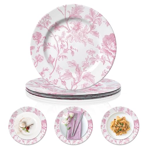 Yungyan 6 Pack 13inch Pink White French Toile Charger Plates Toile De Jouy Floral Leaf Plastic Pink Round Party Salad Charger Plates for Wedding Birthday Bridal Tea Summer Party Supplies