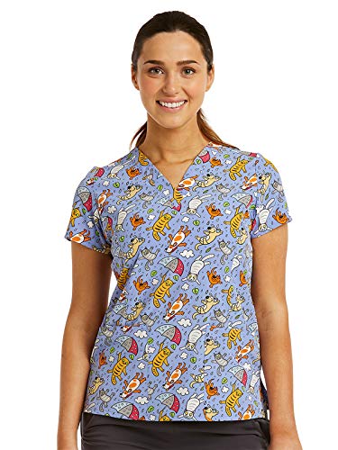 Maevn Prints 1767 Women's V-Neck Print Scrub Top, Playful Puddles, S
