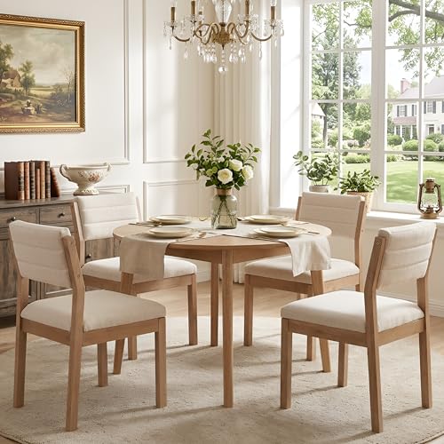 Image of RIVOVA Linen Dining Chairs Set of 4, Comfortable Upholstered Kitchen Chairs with Wood Legs, Mid Century Modern Kitchen Chair Accent Side Chair for Living, Bedroom, Restaurant, Beige