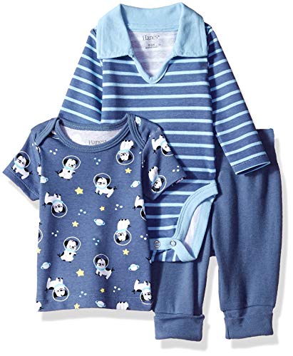 Hanes Ultimate Baby Flexy Knit Jogger with Polo Bodysuit and Short Sleeve Crew, Dark Blue Stripe, 0-6 Months