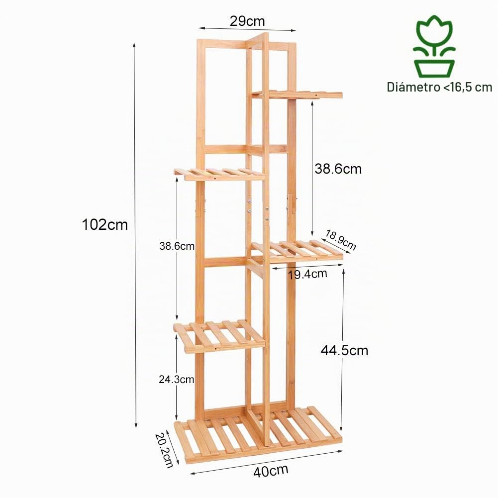 Medla Estantería para Macetas de Bambú, Escalera para Flores Trapezoidal con 6 Estantes Soporte Plantas Estante Vertical para Esquina Exterior Interior Balcón Jardín Sala de Estar 40 x 20,2 x 102 cm