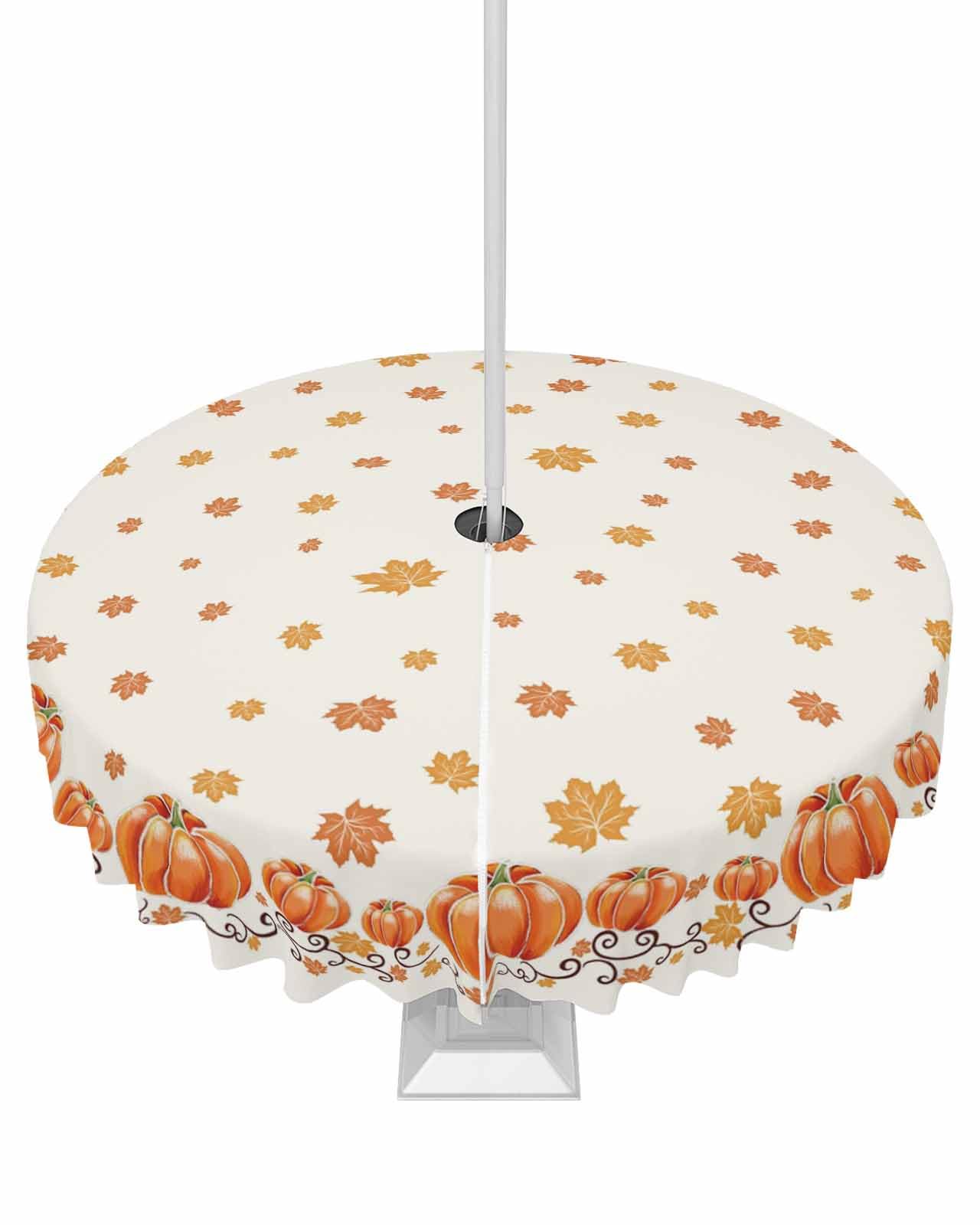 Thanksgiving Fall Outdoor Tablecloths with Umbrella Hole and Zipper, Pumpkin Harvest Orange Maple Leaf Waterproof/Stain Resistant Round Table Cloth 60'' Patio Table Cover for Picnic/Party