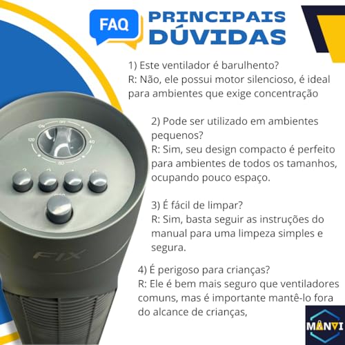 Circulador Ventilador de Torre com 3 Velocidades Ajustáveis, 55W, Super Silencioso, Modelo Slim Comp