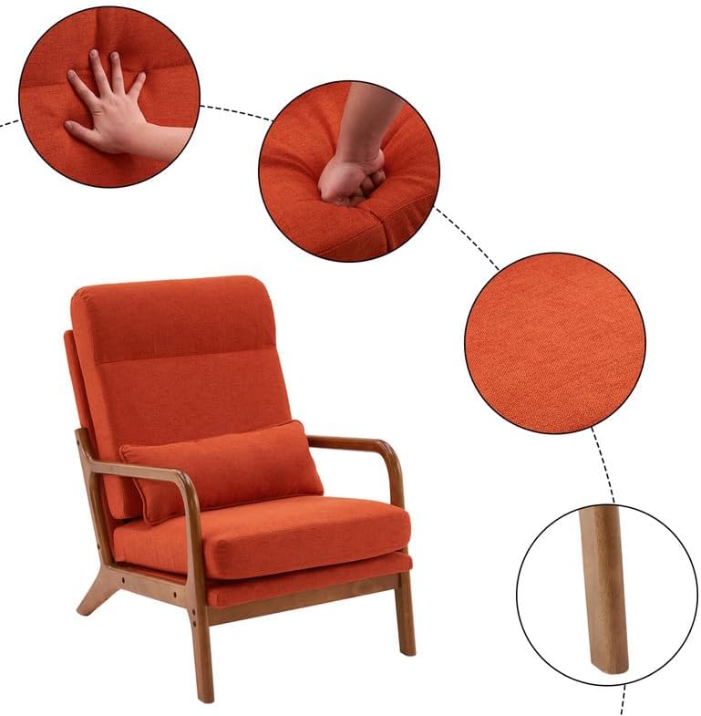 Miniatura 4 de Mid Century Modern Accent Chair Linen High Back Reading Armchair with Wood Frame, Upholstered Living Room Chairs with Waist Cushion, Single Lounge