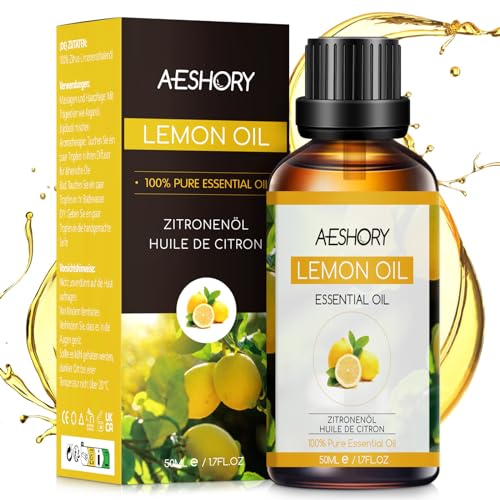AESHORY Aceite Esencial de Limón 50ml, 100% Puro Naturales Aceites Esenciales de Aromaterapia de Grado Terapéutico para Humidificador Difusores, Masaje, Baño, Cuidado del Cabello y la Piel