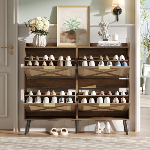 Image of Maupvit Large Shoe Storage Cabinet with 4 Flip Drawers, Narrow Shoe Cabinet for Entryway with Wooden Legs, Freestanding Hidden Shoe Rack Organizer & Metal Hinges, Rustic Oak Rattan
