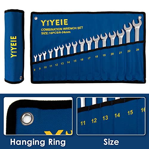 Yiyeie 16 Pcs Metric Combination Wrench Set, 8, 9, 10, 11, 12, 13, 14, 15, 16, 17, 18, 19, 20, 21, 22, 24Mm, Max Torque, 12 Point, Cr-V Steel, Combo Wrench Set With Roll-Up Pouch #TOP4