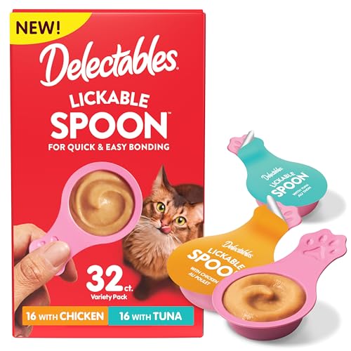 Delectables Lickable Spoon Handheld Wet Cat Treats Made with Real Chicken & Tuna Creamy Puree Mess Free Quick & Easy Grain-Free No Added Fillers No Added Preservatives Variety Pack 32ct