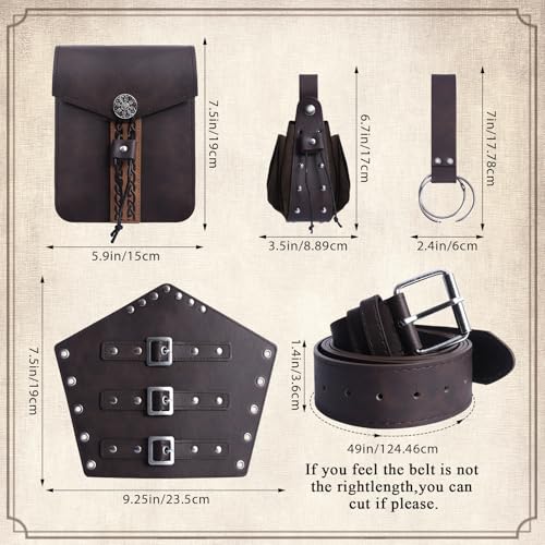 Image of Renaissance Pirate Belt Pouch with Coin Purse Skirt Hike Bracers | 6pack Medieval Viking Pirate Belt Pouch for Halloween Cosplay Ren Faire Accessories. Coffee brown.
