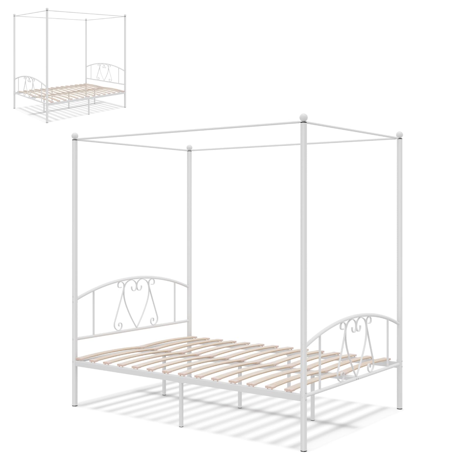 Multigot Canopy Bed Frame, Double Metal Bed Base (White)