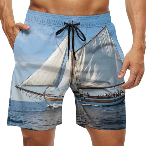 Sailboat Seascape Sailing Mens Swim Trunks Quick Dry Board Shorts Beach Swimwear Bathing Suits