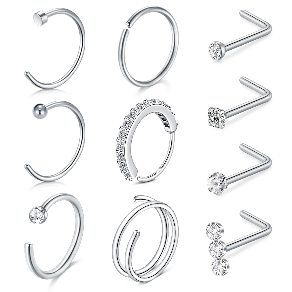 NIUSIMAN Anillo Piercing Nariz aro Oro plata 20G L Anillo piercing nariz acero quirurgico Delgado Pequeño Anillo Nariz Doble Aro Bola Cristal Plana Anillos Piercing Nariz Acero Quirúrgico