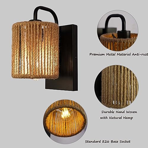 Wvsrbyr Rattan Wall Sconces, Boho Wall Lamp Bedside Lamps With Hemp Rope Rustic Wall Lights For Bedroom Bathroom Hallway Entryway Sconces Wall Lighting Bohemian #TOP1