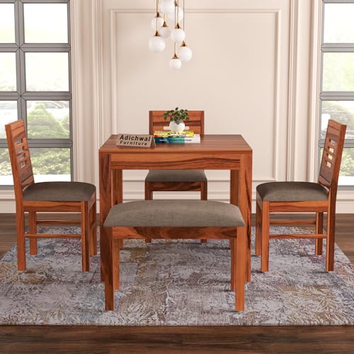 Image of Solid Sheesham Wood 3 Chair with 1 Bench Dining Table Set with Cushioned Chairs for Dining Room | Living Room | Home & Office | Hotels (4 Seater with Bench, Honey)