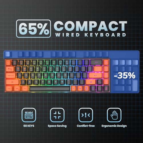 Image of GEODMAER 65% Gaming Keyboard, LED Backlit Mini Wired Keyboard, Ultra-Compact Anti-Ghosting No-Conflict 68 Keys Membrane Gaming Wired Keyboard for PC Laptop Windows Gamer(Black-Orange)