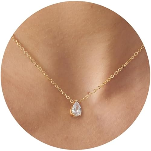 Gold Necklace for Women,14K Gold Plated Teardrop Cubic Zirconia Dainty Necklace Solitare Ttillion Heart Round Pear Cut CZ Pendent Layered Necklaces for Women 16.5+2 Inch