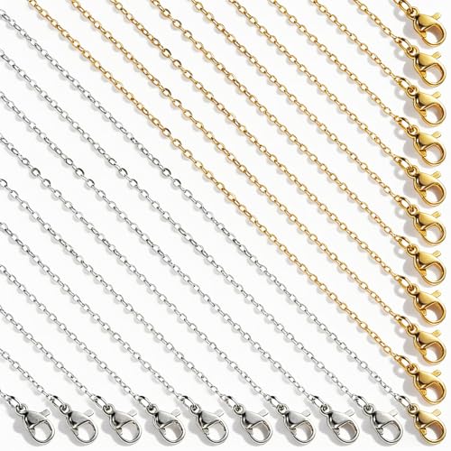 DOPENSPI Lot de 20 colliers en acier inoxydable - 45 cm - Or et argent - Chaîne à maillons pour femme - Avec fermoir mousqueton - Bracelet artisanal -...