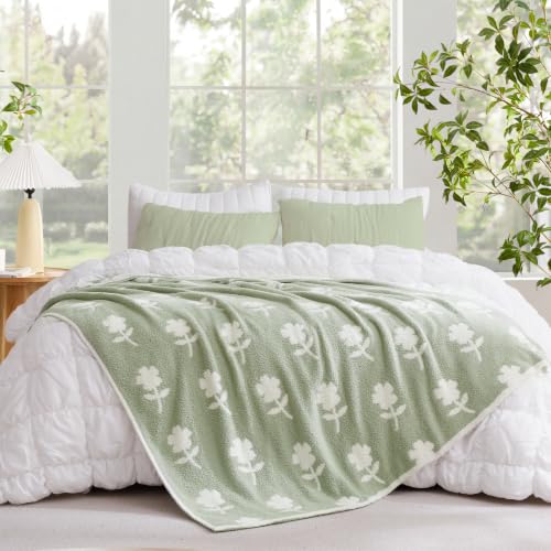 Snuggle Sac Twin Size Bedding Blanket, Sage Green Flower Throw Blanket for Couch, Microfiber Fluffy Warm Cozy Fuzzy Soft Reversible Blankets, Sage Green, 60x80 inches - image 1