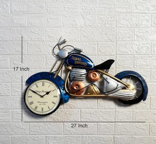Image of Stylish Iron Metal Bike Wall Mount Analog Clock For Living Room And Home Decoratio (Blue, 28 X 23)