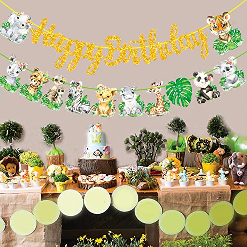 Safari Animal Happy Birthday Banner Jungle Animal Party Decorations 2Pcs Safari Jungle Animal Hanging Cutout Banners Safari Animals Garland For Wild One Baby Shower Supplies #TOP5