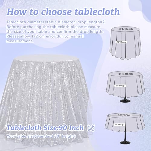 Image of B-COOL Round Tablecloth Silver Decorations: 90 Inch Tablecloth Sequin Overlay Glitter Fabric for Birthday Dinner Parties