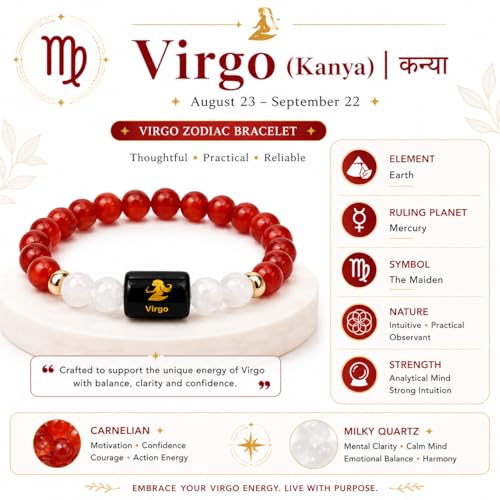 Image of Virgo Zodiac Bracelet (कन्या राशि) | Certified Healing Crystal for Focus, Confidence & Calm | Original Carnelian & MilkyQuartz Stone | Crystal Bracelet for Man & Woman | Gift for Man & Woman
