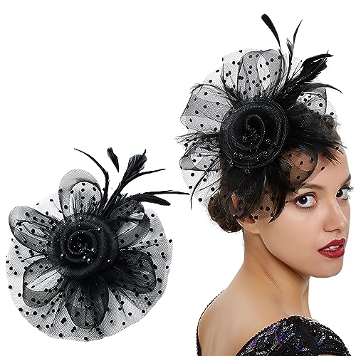 auwiyd Fascinators Hat Feather Flower Fascinator Mesh Face Veil Hat Black Lace Hair Accessories for Women Girls