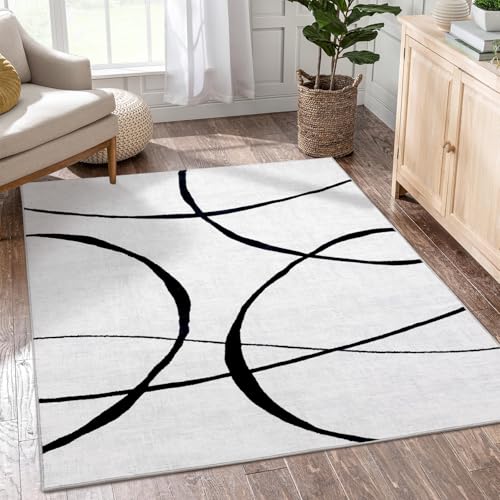 YIHOUSE 5x7 Washable Living Room Rug - Modern Abstract Black and White Area Rug Non-Slip for Bedroom Home Office (Curve, 5'x7'ft)