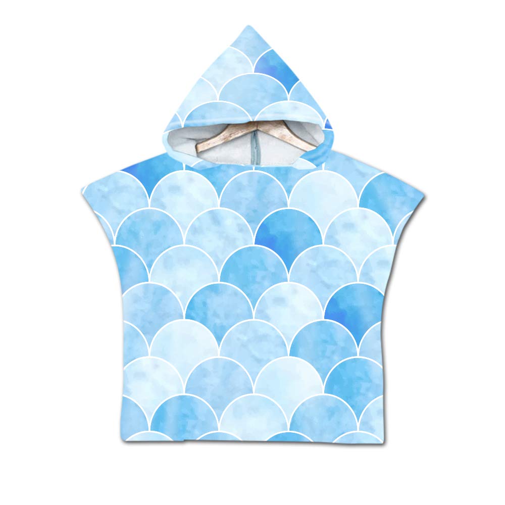 Treer Girls Blue Fish Scales Children Beach Towel Robe Bathrobe Poncho, Cartoon Kids Baby Swim Wetsuit Swimwear Changing Towel Beach Bath Beach Robe Hooded Bath For Surfing Swimming Boy (60X60cm,)