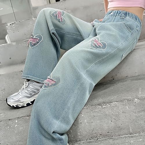 Teen Girls Heart Embroidery Baggy Jeans Wide Leg Elastic High Waist Denim Pants Stylish Cute Trousers for Kids Girls3