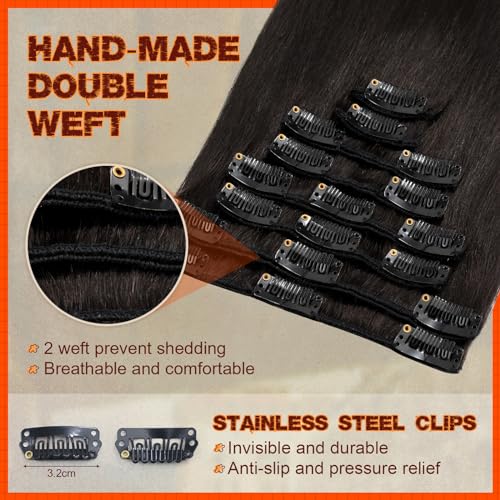 Image of Benehair Clip in Hair Extensions Real Human Hair, Blonde Hair Extensions Clip in Human Hair for Women, Long Straight, Remy Natural, Full Head 8pcs 8inch #1B Natural Black