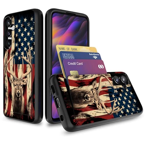 Vobber for Galaxy S23 FE Case,Wallet Case Hidden Card Slot Holder Shockproof TPU and PC Dual Layer Protective Case Cover for Samsung Galaxy S23 FE 6.4 Inch 2023,American Flag Deer