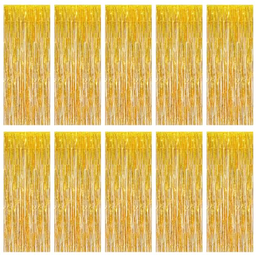 10 Pack Gold Foil Curtain Backdrop 3.2ft x 6.6ft Glittering Metallic Tinsel Fringe Streamer Photo Booth Backdrop for Birthday Party Engagement Bachelorette Holiday Decorations (Gold)