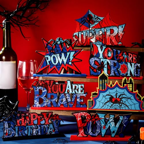 Image of Yuntau 12 Pcs Spider Bithday Party Decoraions Spider Wooden Table Decorations Red and Blue Pattem Design Happy Birthday Table Centerpiece Sign for Boy Cartoon Party Supplies
