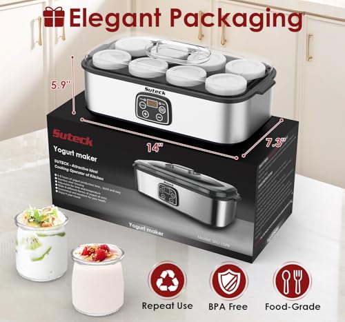 Image of Suteck Yogurt Maker with 8 Jars, Adjustable Time & Temp Control, Black | 8 Jars Each 6oz Dishwasher-Safe, BPA-Free, 0-48H Timer & 68-131F Temp, ±1C Precision | Auto Shutoff, 25W, Greek Yogurt