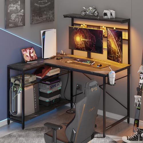 Bestier 42 L Shaped Gaming Desk, Computer Desk with Power Outlets & LED Light, Reversible Corner Desk with Shelves, Home Office Desk with Storage, Black Marble Black Marble 42 Inch